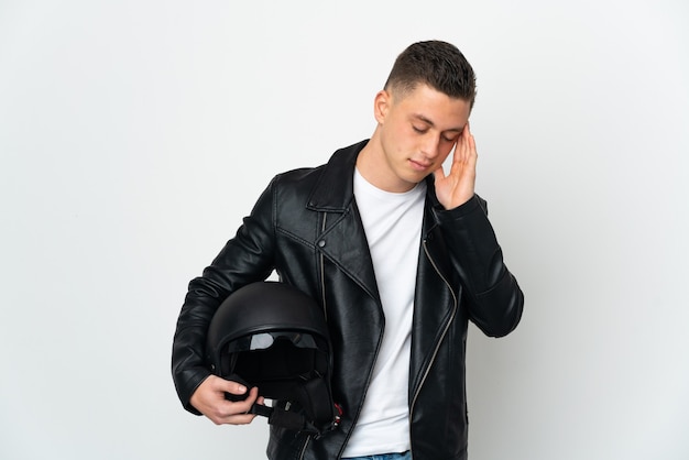 Caucasian man with a motorcycle helmet isolated