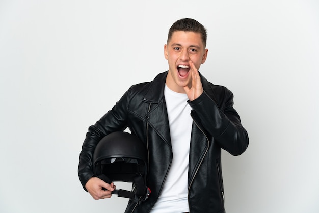 Caucasian man with a motorcycle helmet isolated