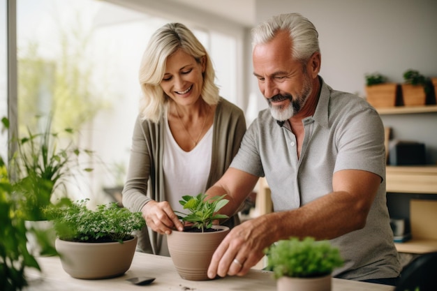 Caucasian married middle aged couple planting herbs in living room