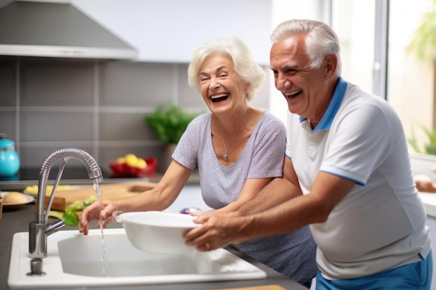 キッチンで皿を洗っている白人の結婚した年配の成熟したカップル