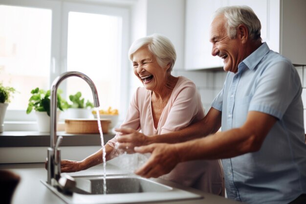 Caucasian married senior mature couple washing dishes in the kitchen