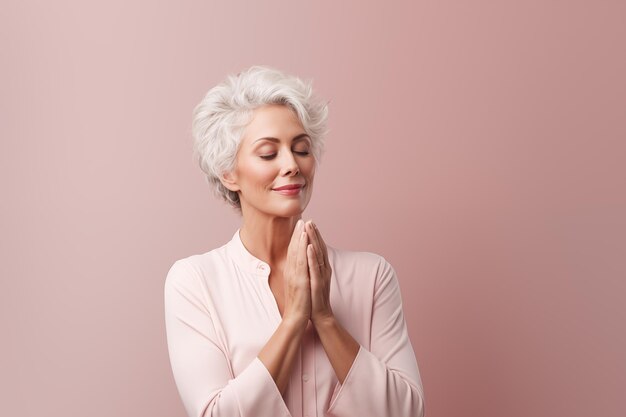 Caucasian mature woman praying with pink background and copy space