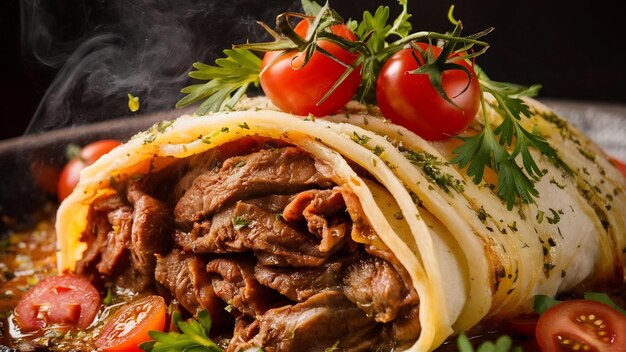 Photo caucasian meat govurma with herbs and tomatoes