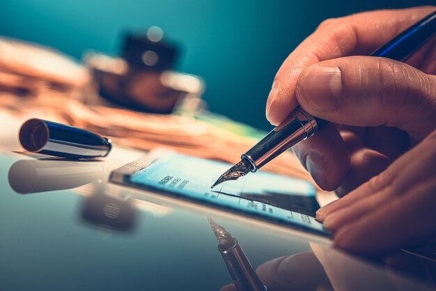 Photo caucasian men writing pay check