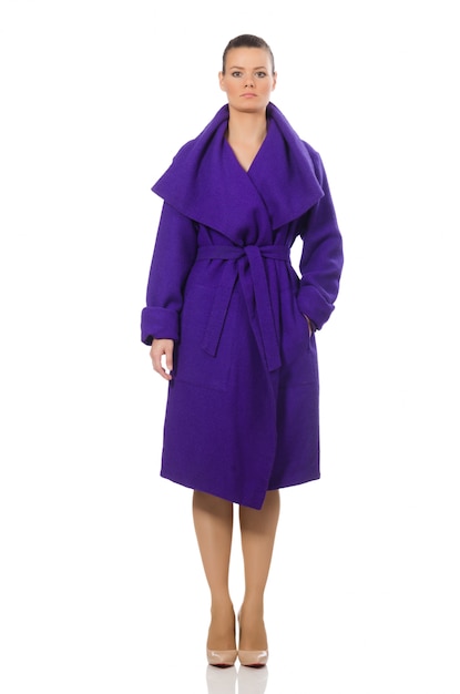 Caucasian model in purple coat isolated