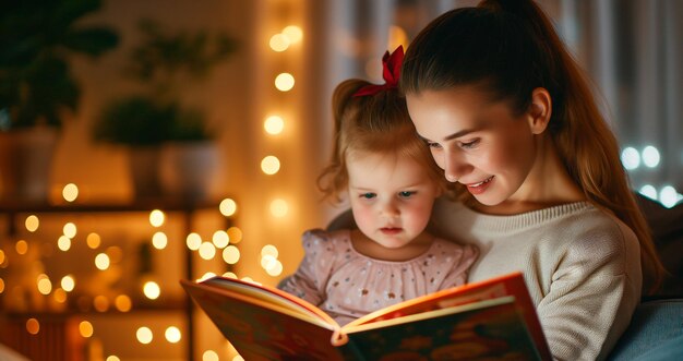 Caucasian mother and daughter reading in the living room of her house International book day