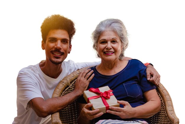 Caucasian mother and her black son isolated on white background Mother's day photo