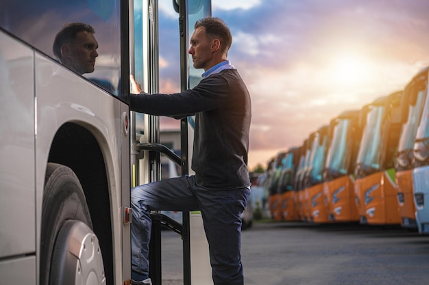 Caucasian Passenger Getting Into Public Shuttle Bus