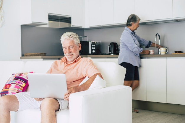 caucasian people aged senior adult couple at home