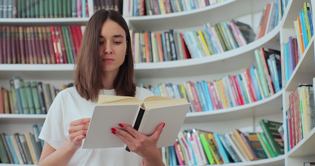 Caucasian pretty young girl reading a book with attention standing in the library Self education concept