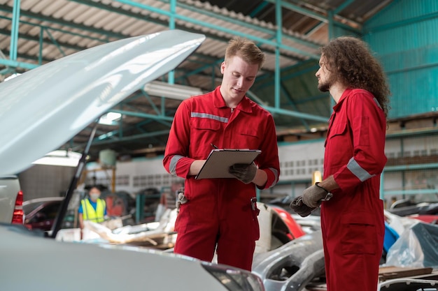 Caucasian repairmen are analyzing and fixing broken car in car repair mechanic shop