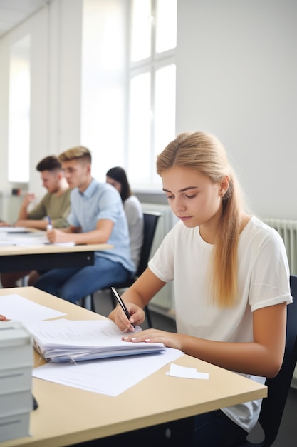 Foto studentessa caucasica con diversi bambini in classe creata utilizzando la tecnologia generativa ai