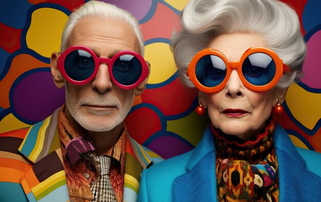 Photo a caucasian senior couple is wearing fashionable colorful clothes and modern sunglasses