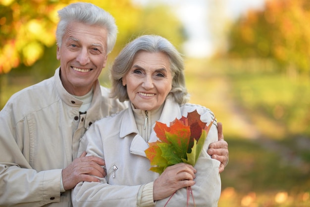 Caucasian senior couple with leaves