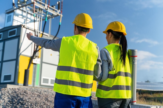 Caucasian solar panel worker takes tour of colleague while talking about peculiarities of process of obtaining alternative energy View from back