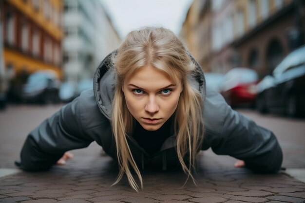 写真 街でトレーニングをしている白人のスポーツの女性