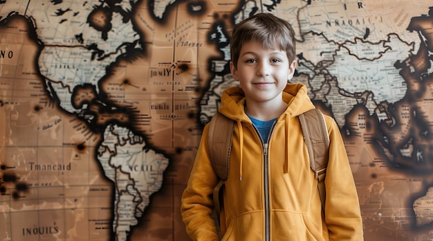 Caucasian student boy in front of world map background Back to school concept