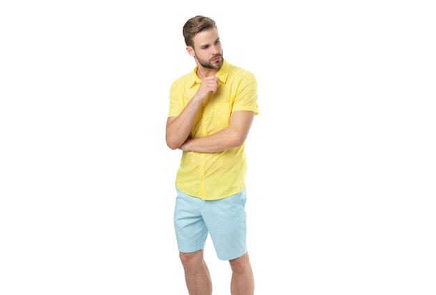 Caucasian stylish guy in studio photo of stylish guy wearing yellow shirt stylish guy