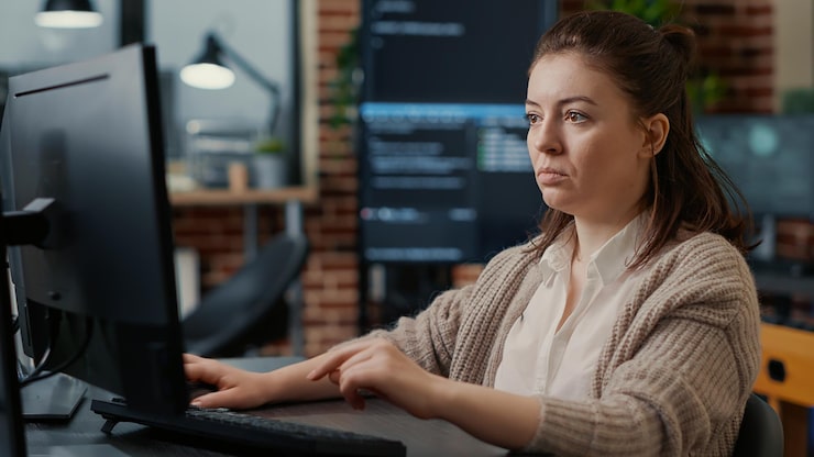 Photo caucasian system engineer working focused looking at computer screen while typing in big data server room. software developer writing code with algorithms compiling on screens in background.