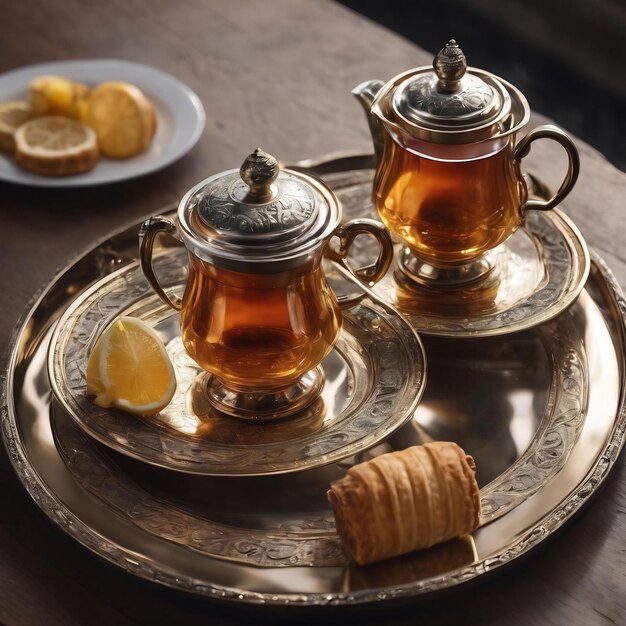 Caucasian tea set with metallic tea glass and pastry platter top view