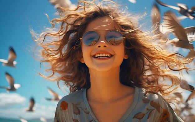 Caucasian teenage girl with sunglasses on the beach and seagull and wind is blowing hair