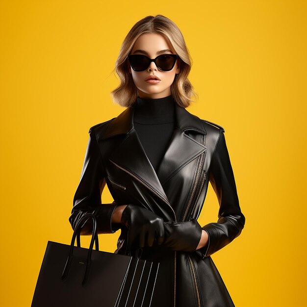 Caucasian teenage girl on yellow background stylish young woman with shopping bags in hands