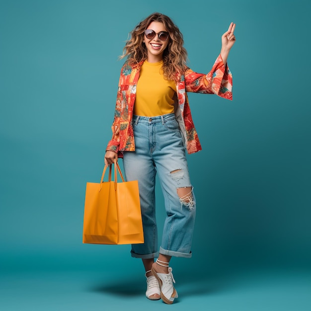 Caucasian teenage girl on yellow background stylish young woman with shopping bags in hands