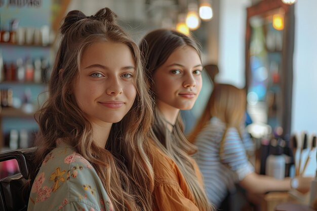 Caucasian teenage girls at hair salon looking at camera Generative AI