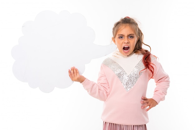 Caucasian teenager girl in pink hoody gesticulates with think cloud