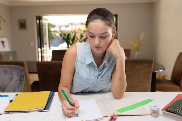 Caucasian teenager girl sitting at table and doing homework