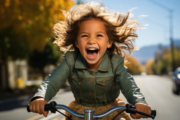 Foto bambino caucasico con casco in sella alla sua bicicletta le lenti da 110 mm sfocano lo sfondo del parco dei bambini backgrou