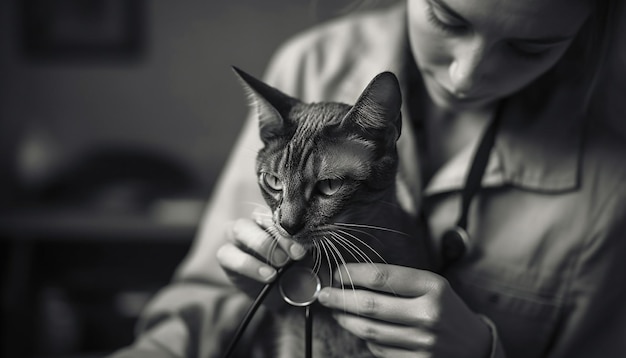 Кавказский ветеринар осматривает милого котенка стетоскопом, созданным искусственным интеллектом