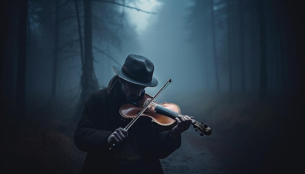 Caucasian violinist playing in the dark forest generated by AI