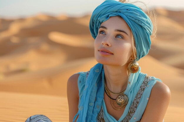 Photo caucasian woman in blue turban in desert travel concept