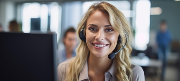 caucasian woman call center customer support with headset ai