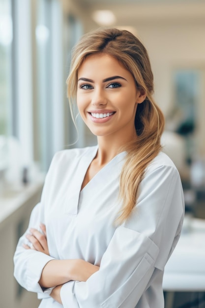 Caucasian woman dentist smiling while standing in dental clinic AI Generative