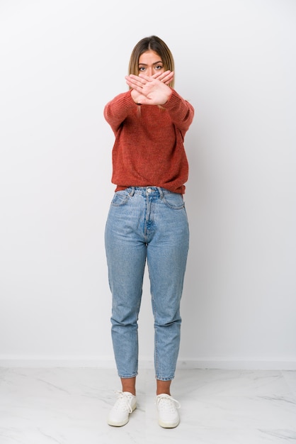 caucasian woman doing a denial gesture