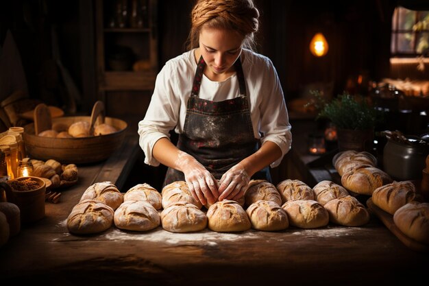 Photo caucasian woman dressed in black apron making bread on antique wooden table