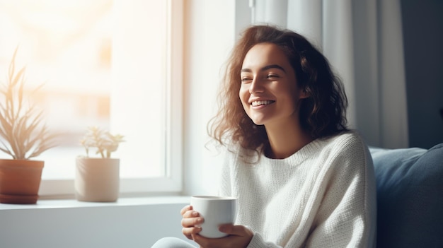 Caucasian woman enjoying a mug of coffee in a homely atmosphere Created with Generative AI technology