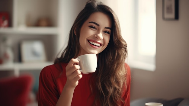 Caucasian woman enjoying a mug of coffee in a homely atmosphere Created with Generative AI technology