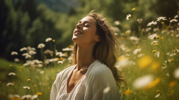 Photo caucasian woman enjoys summer vacation in tranquil forest