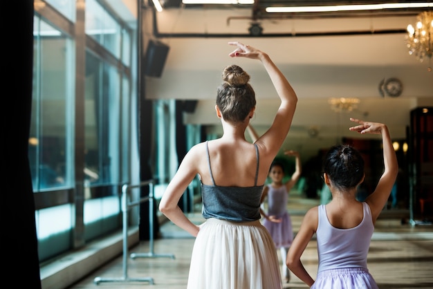 A Caucasian woman and girl practising ballet 