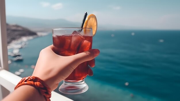 Caucasian woman hand holding glass of cocktail on blurry sea shoreline background at sunny day neural network generated image