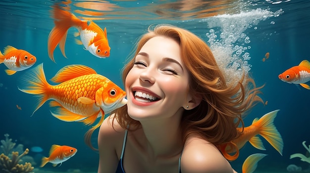 水中で笑顔を浮かべる金魚を抱いた白人の女性