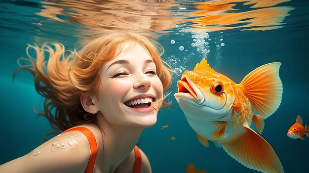 Foto donna caucasica con un pesce rosso che sorride sott'acqua