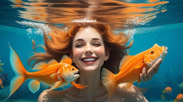 Caucasian woman holding goldfish smiling underwater