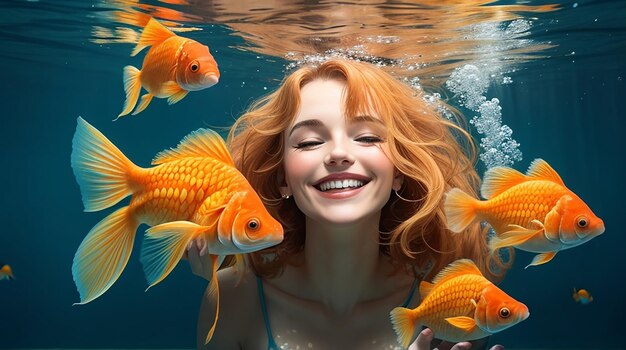 Caucasian woman holding goldfish smiling underwater