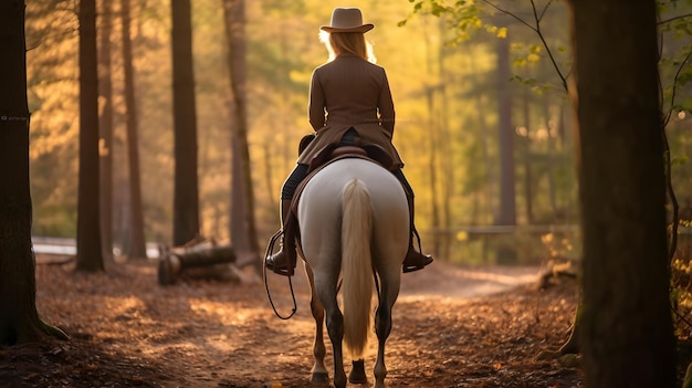 Кавказская женщина и тренировка лошади во время захода солнца