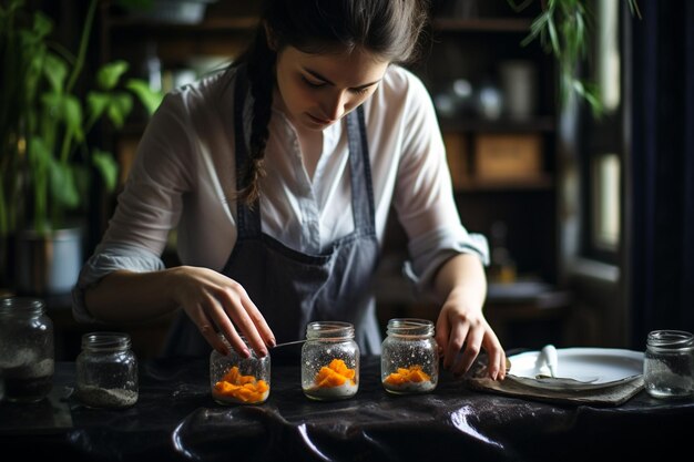 Caucasian woman in kitchen makes chia puddings with mango jam