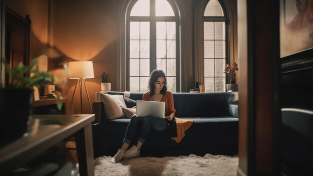 Photo caucasian woman in a nice house sitting on the couch with her laptop created with ai